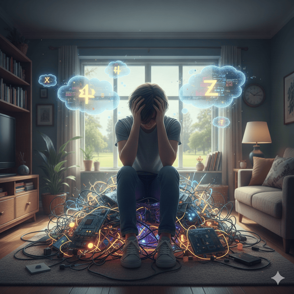 mental noise fatigue; an illustration showing an exhausted boy due to mental fatigue